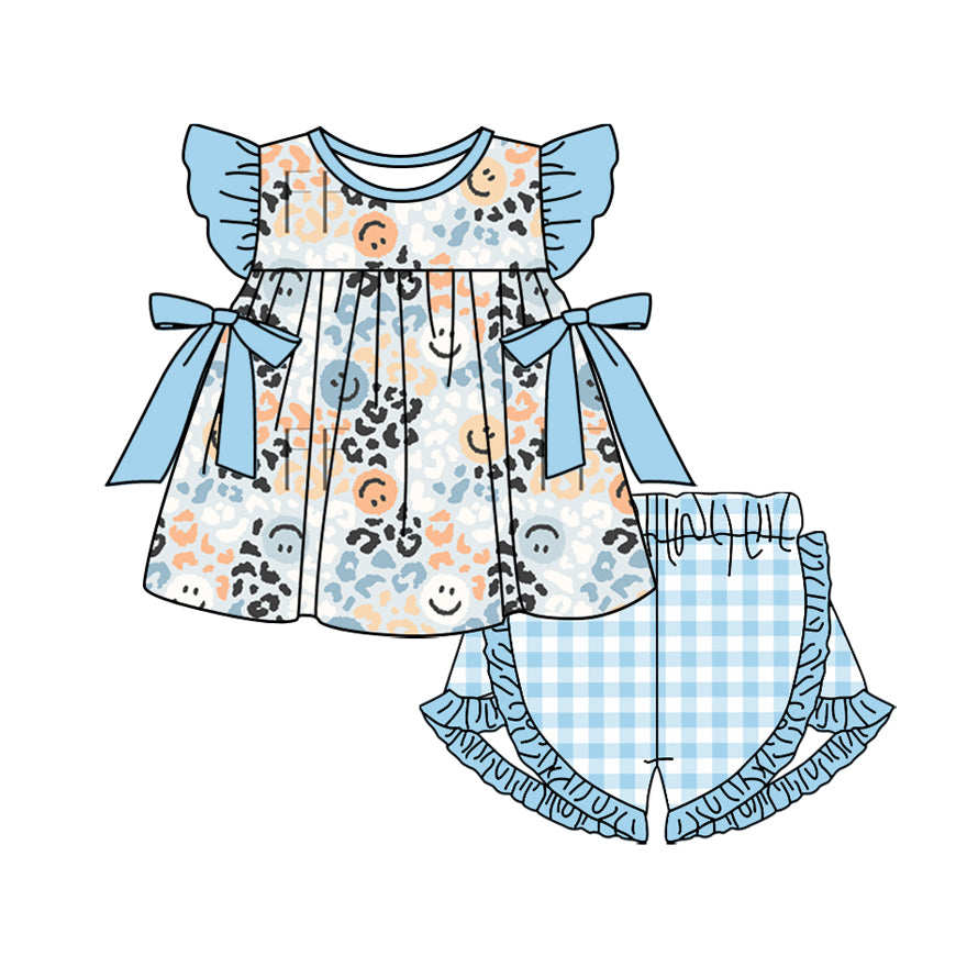 preorder GSSO1581 blue smile leopard bows flutter sleeve blue checkered ruffles shorts girls set