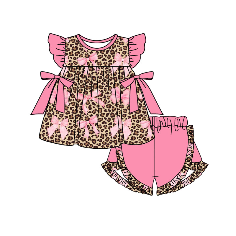 Preorder GSSO1586 leopard pink bows flutter sleeve pink ruffles shorts girls set