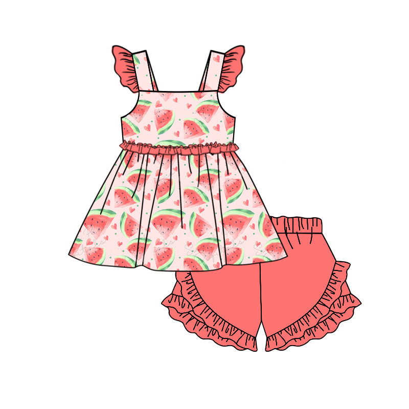 preorder GSSO1592 watermelon red flutter sleeve ruffles shorts girls set