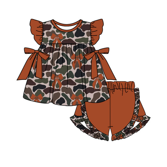 preorder GSSO1594 hunting camo brown bows flutter sleeve ruffles shorts girls set