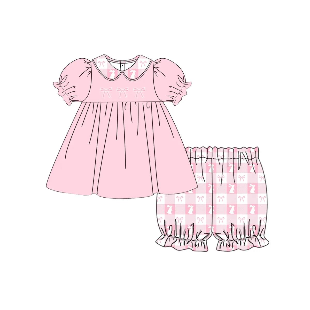 preorder GSSO1597 Easter bunny rabbit bows short sleeve pink checkered shorts girls set