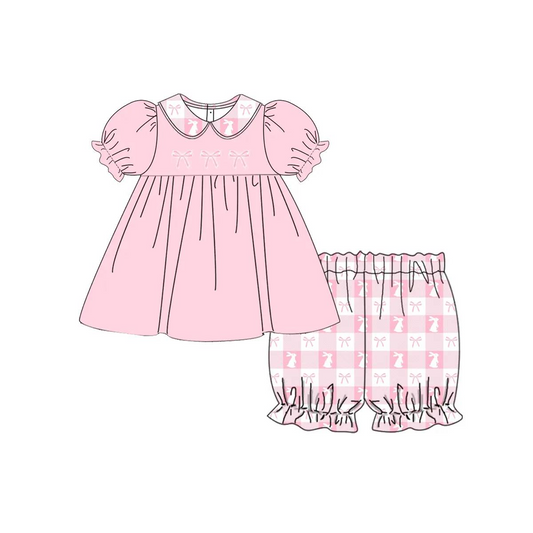 preorder GSSO1597 Easter bunny rabbit bows short sleeve pink checkered shorts girls set