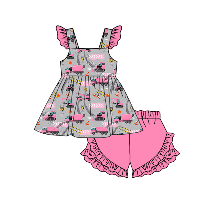Preorder GSSO1598 cute construction flutter sleeve hot pink ruffles shorts girls set