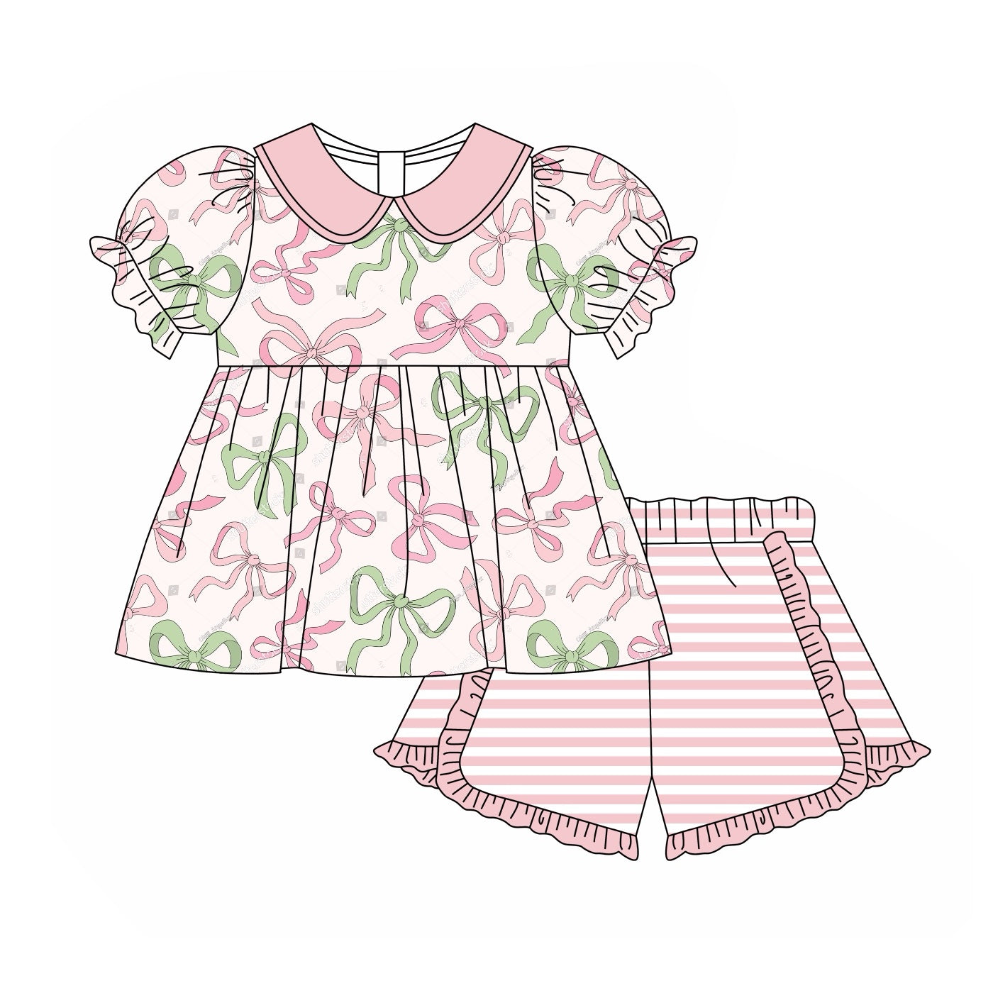 Preorder GSSO1599 cute bows coquette bows short sleeve pink striped shorts girls set
