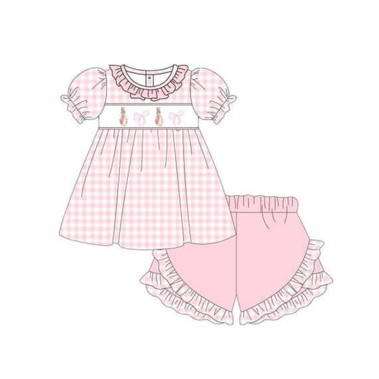 Preorder GSSO1600 Easter bunny rabbit bows pink checkered short sleeve shorts girls set