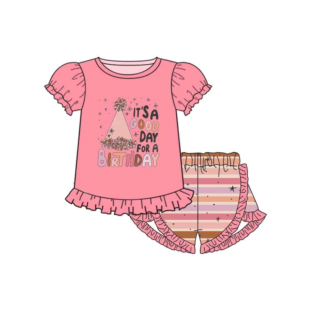 Preorder GSSO1601 it's a good day for a birthday short sleeve striped shorts girls set