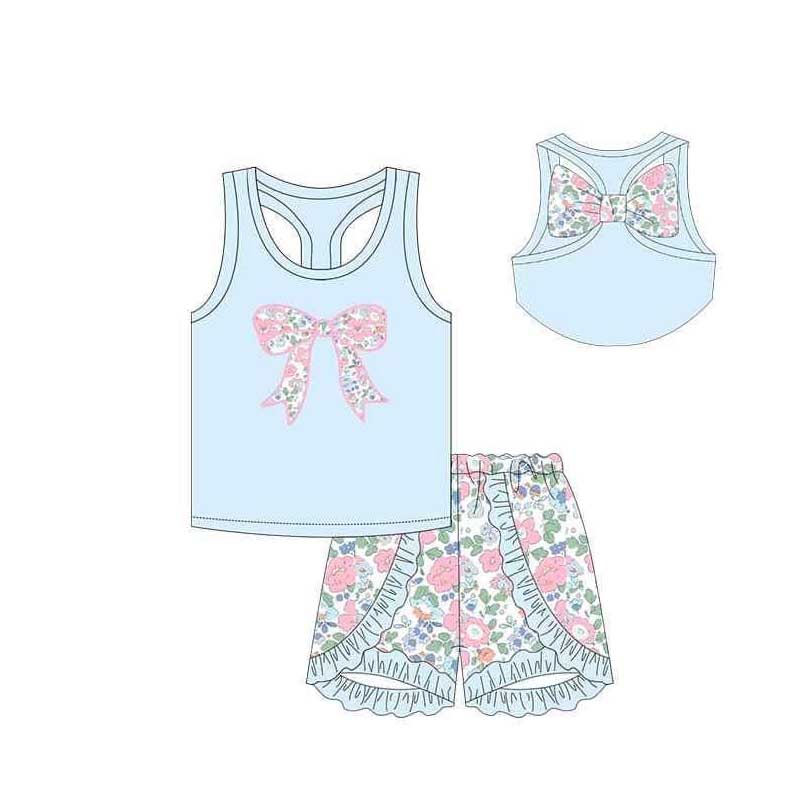 Preorder GSSO1602 colorful flowers bow blue sleeveless ruffles shorts girls set