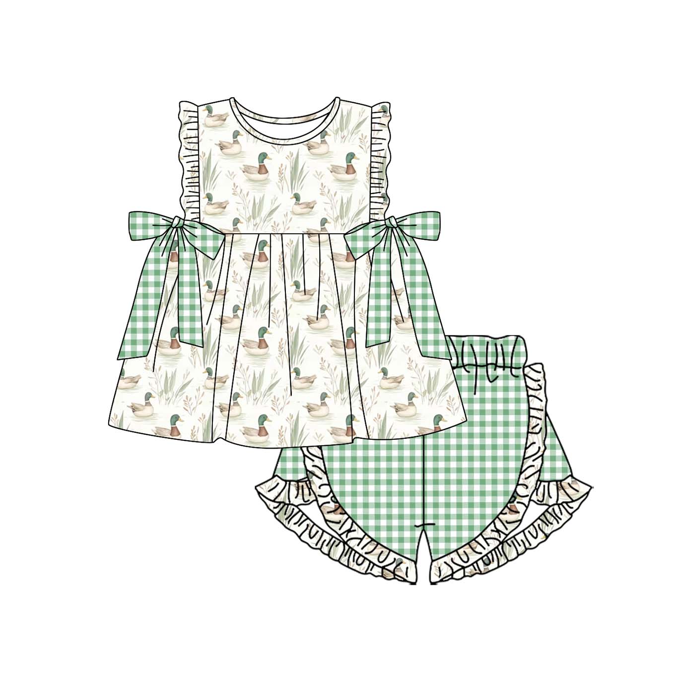 Preorder GSSO1611 cute mallard duck bows flutter sleeve green checkered shorts girls set