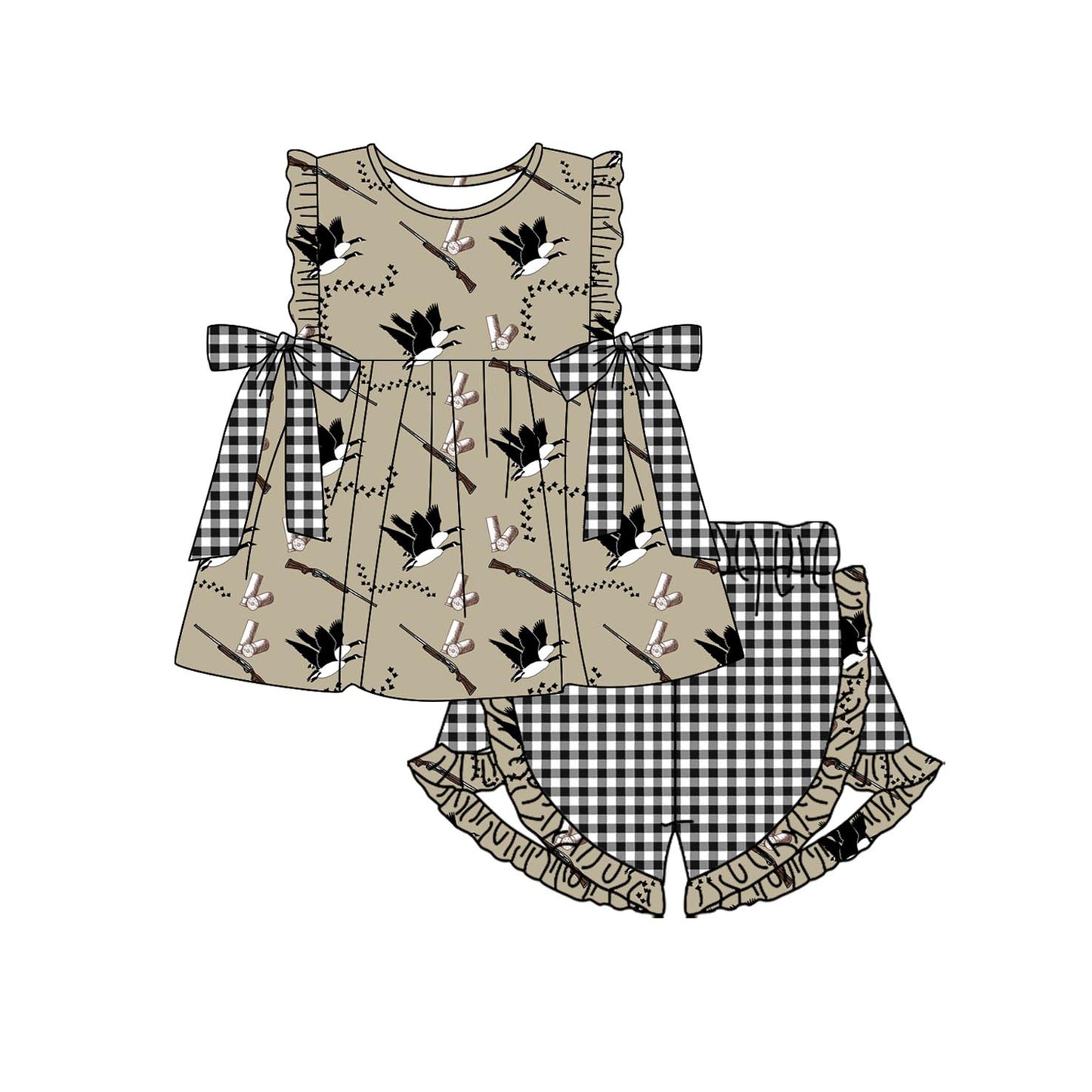 Preorder GSSO1612 hunting mallard duck brown bows flutter sleeve black checkered shrots girls set