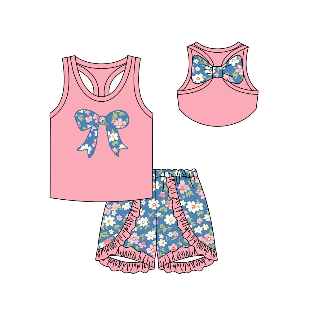 Preorder GSSO1622 colorful flowers pink bow sleeveless ruffles short girls set