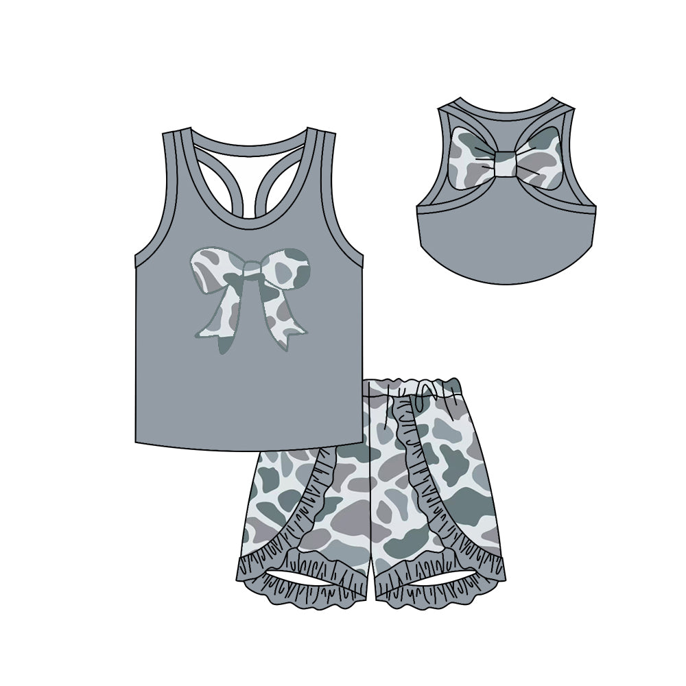 Preorder GSSO1623 hunting camo duck camo bow grey sleeveless ruffles short girls set