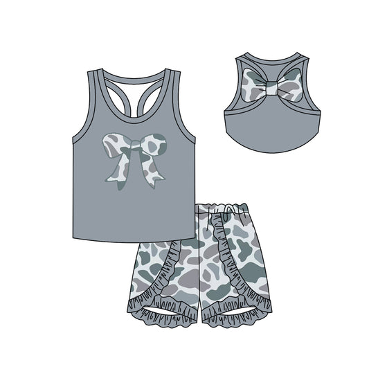 Preorder GSSO1623 hunting camo duck camo bow grey sleeveless ruffles short girls set