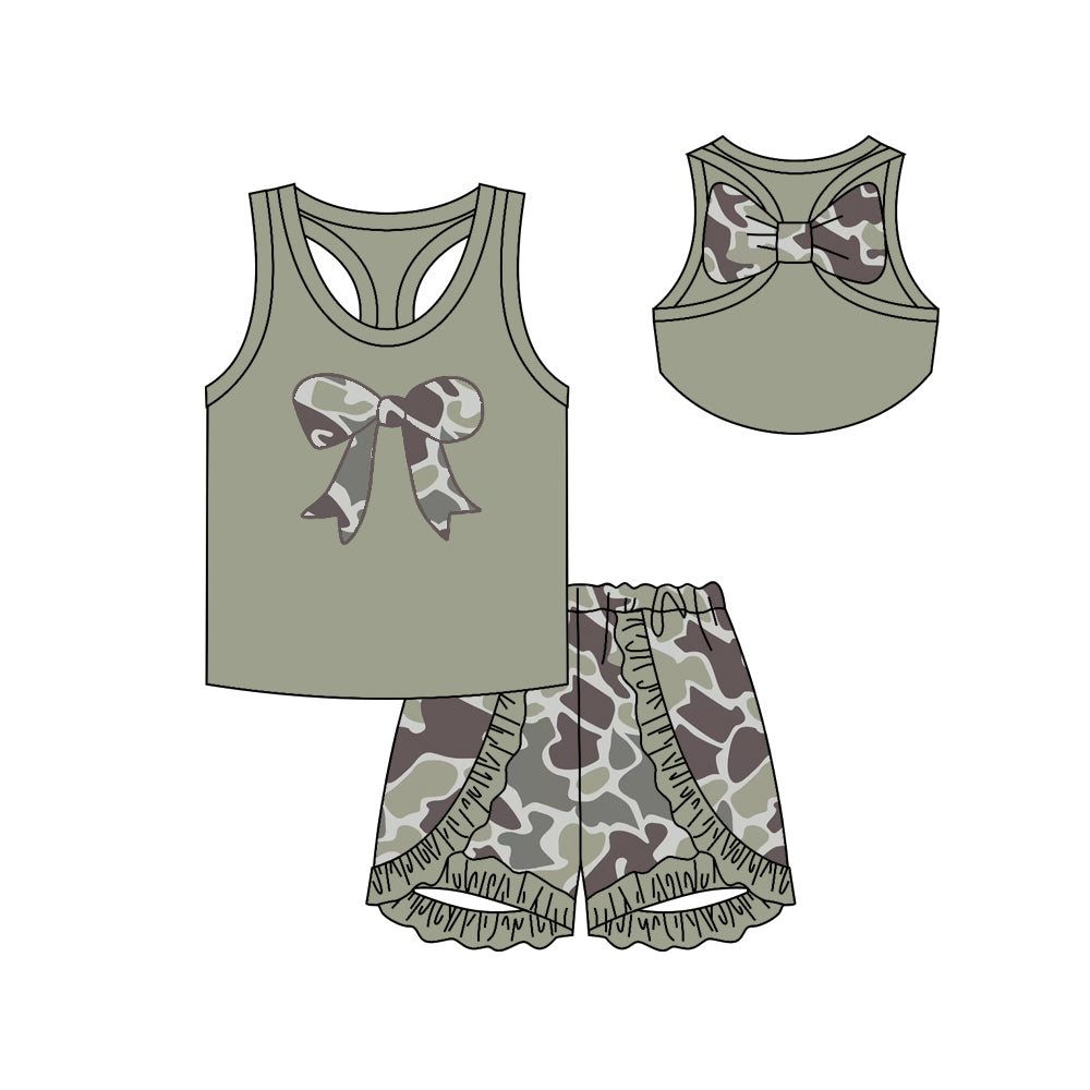 Preorder GSSO1624 hunting camo duck camo bow green sleeveless ruffles short girls set