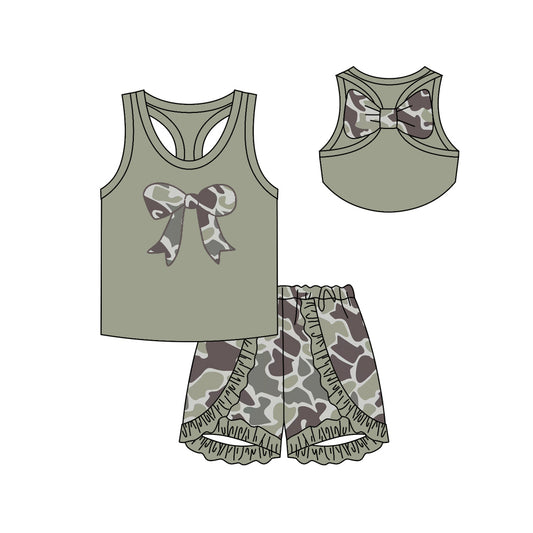 Preorder GSSO1624 hunting camo duck camo bow green sleeveless ruffles short girls set