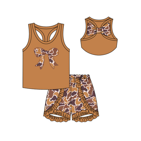 Preorder GSSO1628 hunting camo duck camo bow brown sleeveless ruffles short girls set