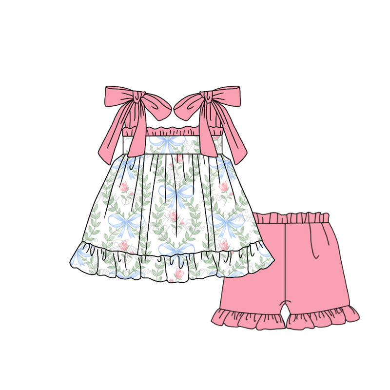 Preorder GSSO1632 pink flowers bows straps pink shorts girls set