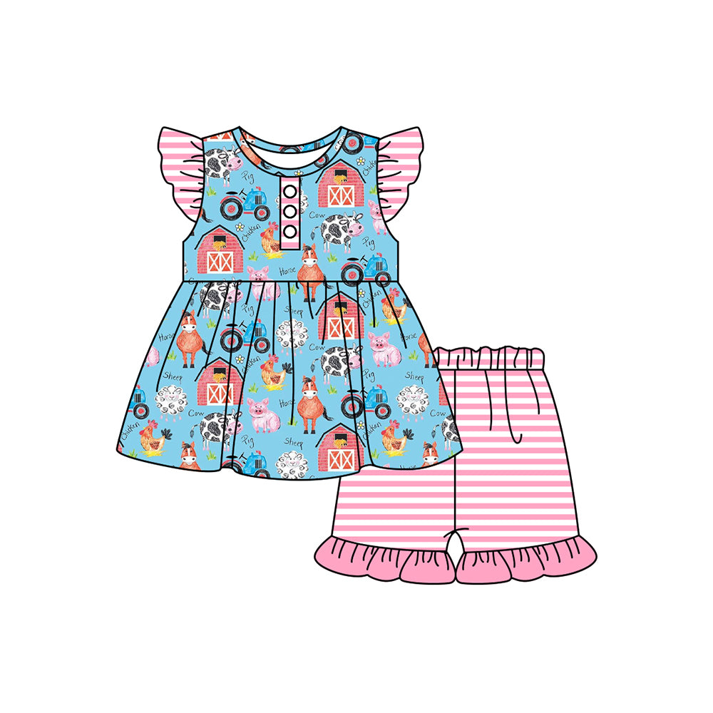 preorder GSSO1634 farm chick tractor house horse blue flutter sleeve pink striped shorts girls set