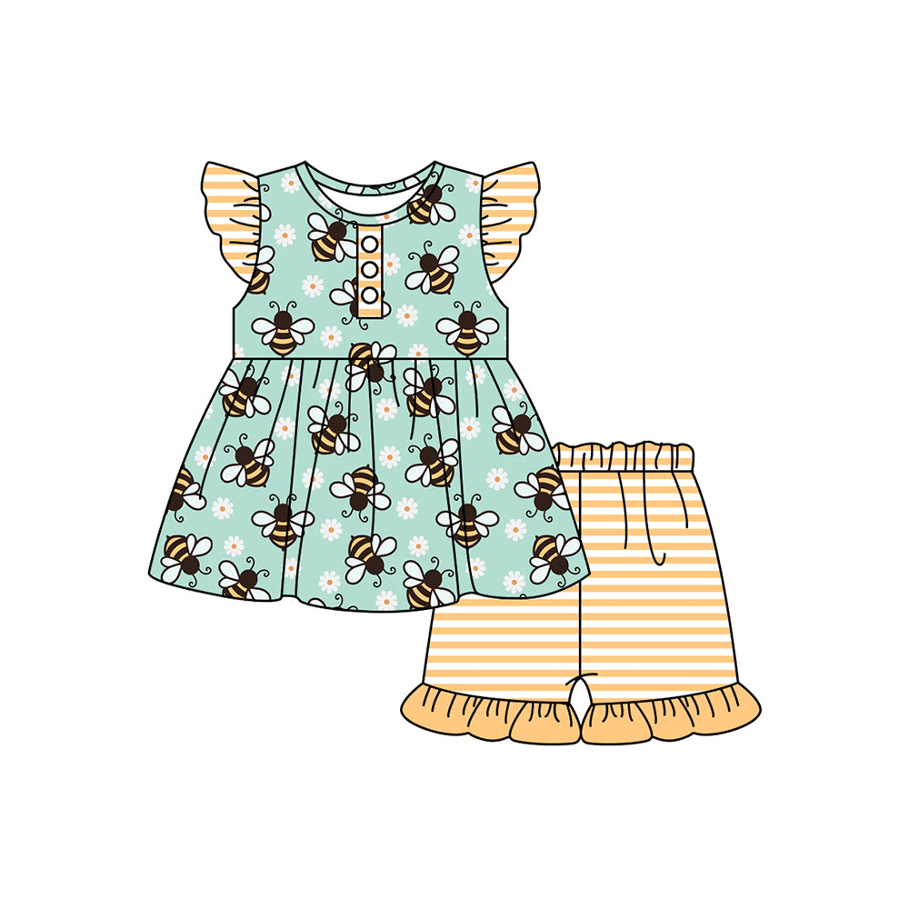 preorder GSSO1635 cute bee flowers green flutter sleeve yellow striped shorts girls set