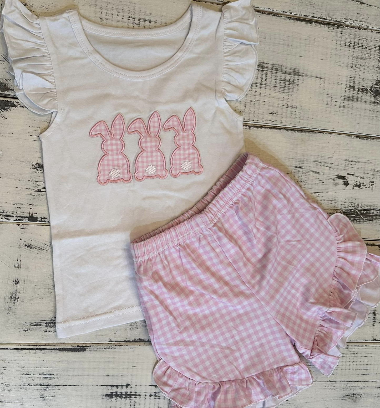 Preorder GSSO1636 Easter bunny rabbit flutter sleeve pink checkered shorts girls set