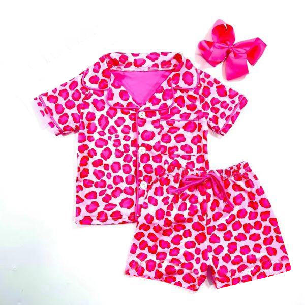 preorder GSSO1638 hot pink leopard short sleeve shorts girls pajamas