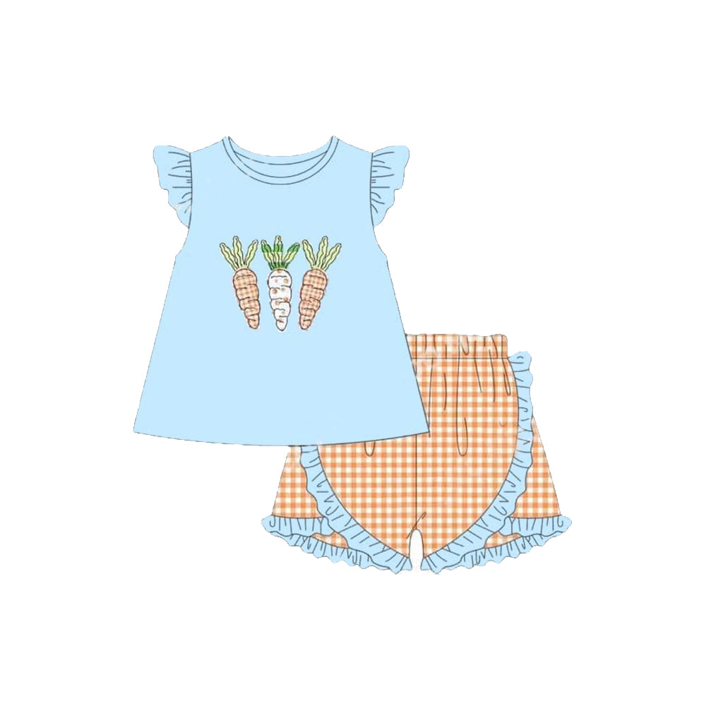 Preorder GSSO1647 Easter carrot blue flutter sleeve orange checkered shorts girls set