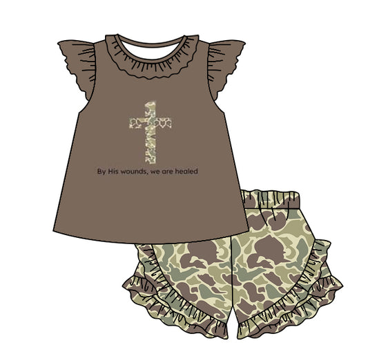 preorder GSSO1650 Easter camo cross brown flutter sleeve duck camo shorts girls set