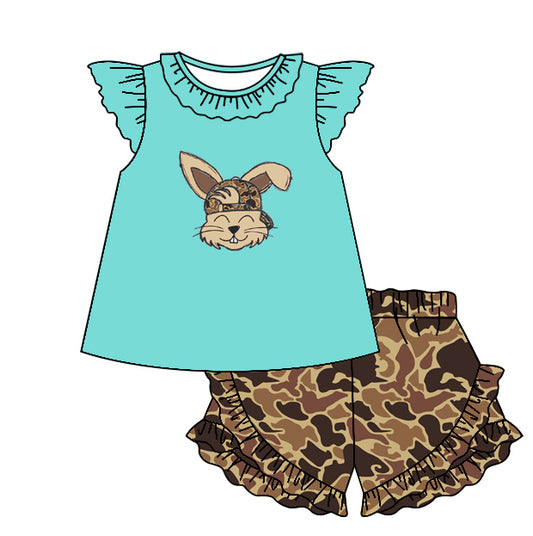 preorder GSSO1651 Easter camo bunny rabbit blue flutter sleeve camo duck camo shorts girls set