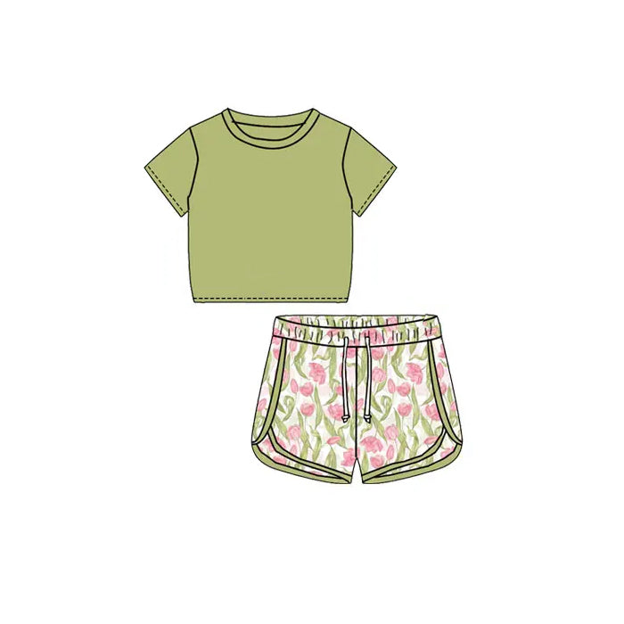 preorder GSSO1653 green short sleeve tulip flowers shorts girls set