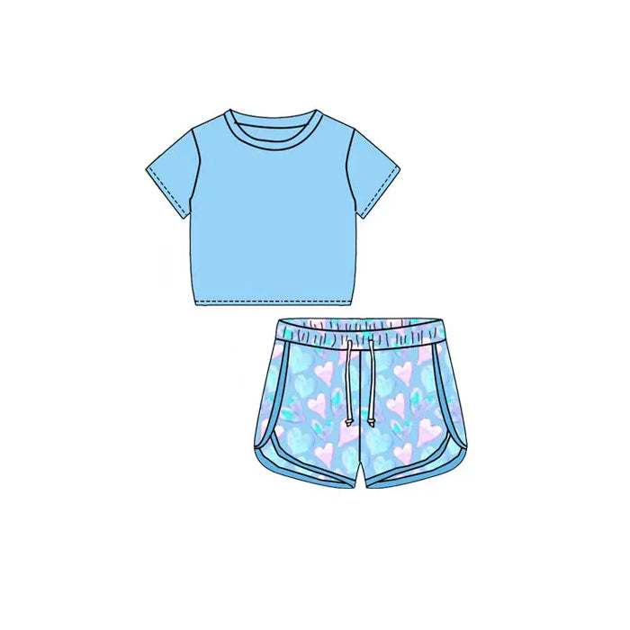 preorder GSSO1654 blue short sleeve heart shorts girls set