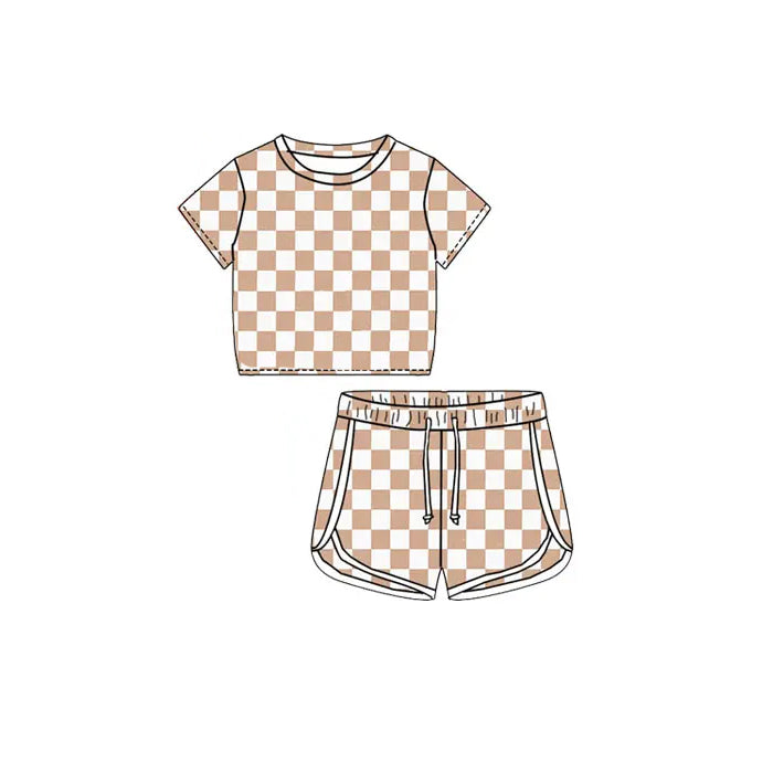 preorder GSSO1657 khaki checkered short sleeve shorts girls set