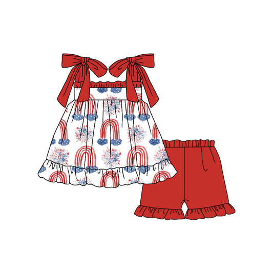 preorder GSSO1661 July 4th ranbows fireworks lace-up red shorts girls set