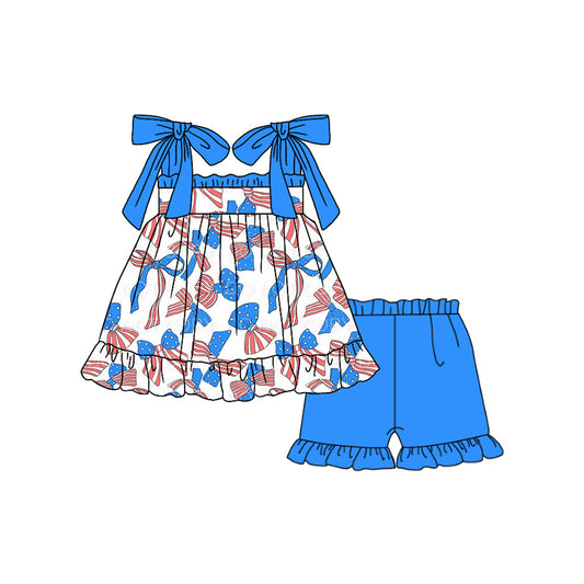 preorder GSSO1662 July 4th flag bows lace-up blue shorts girls set