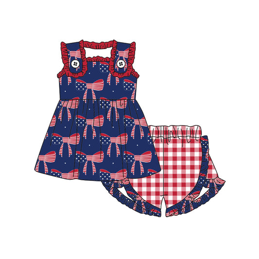 preorder GSSO1663 July 4th flag bows blue sleeveless red checkered shorts girls set