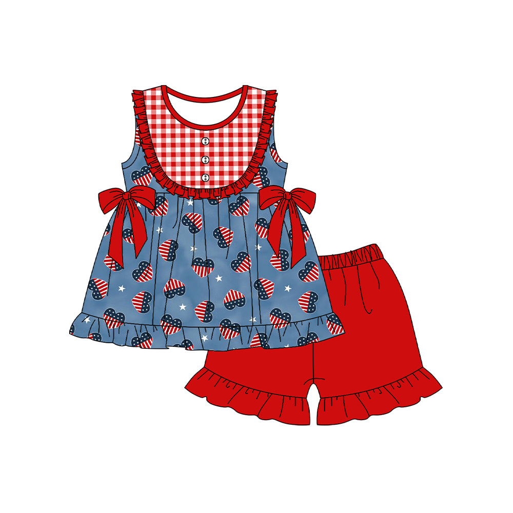 preorder GSSO1664 July 4th flag heart blue sleeveless red shorts girls set