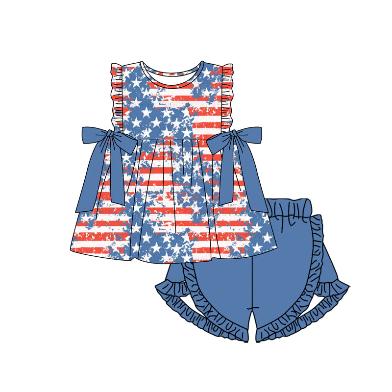 preorder GSSO1665 July 4th flag star red striped bows flutter sleeve blue shorts girls set