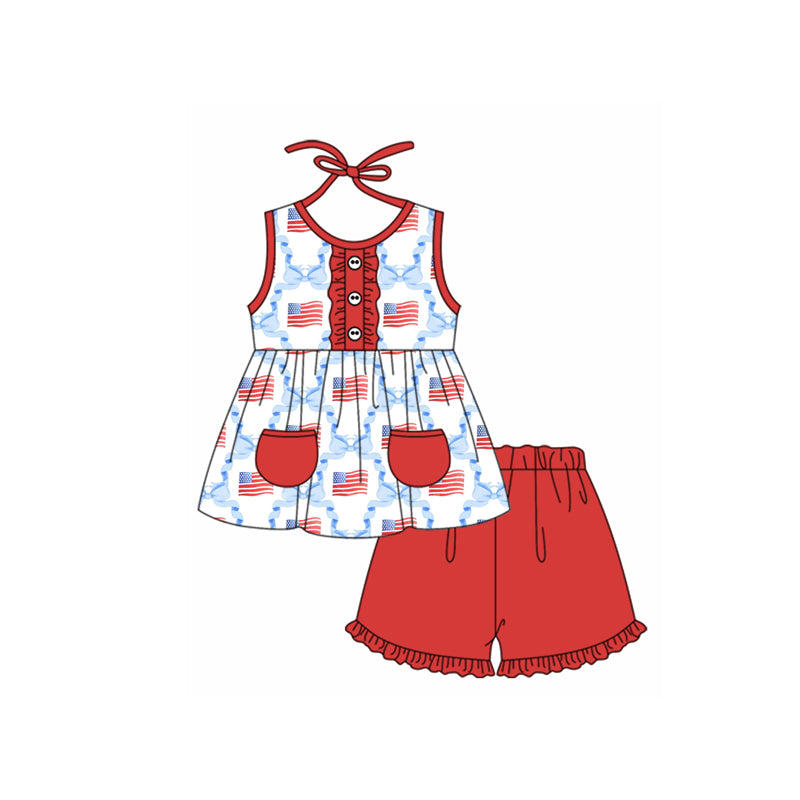 preorder GSSO1666 July 4th flag pockets lace-up red shorts girls set