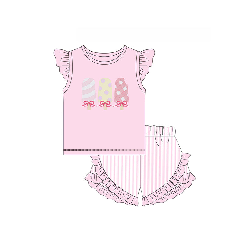 preorder GSSO1668 colorful ice bows pink flutter sleeve pink striped shorts girls set