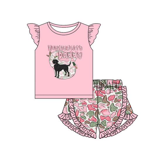 preorder GSSO1670 hunting with daddy dog mallard pink flutter sleeve cartoon camo shorts girls set