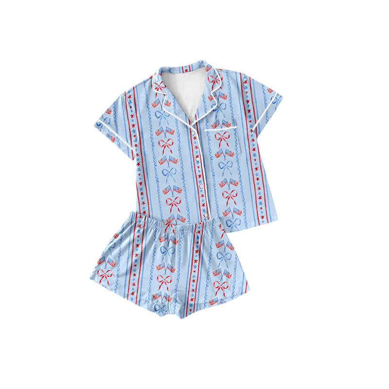 preorder GSSO1671 July 4th flag blue bows short sleeve shorts girls pajamas