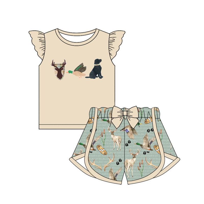 preorder GSSO1674 hunting deer dog mallard duck khaki flutter sleeve green shorts girls set