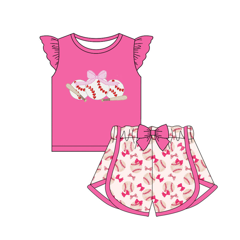 preorder GSSO1685 Baseball Bows Hot Pink Flutter Sleeve Shorts Girls Set