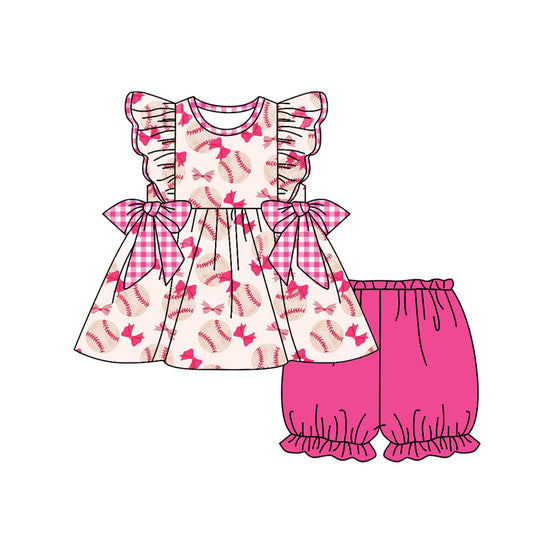 preorder GSSO1686 Baseball Bows Hot Pink Flutter Sleeve Shorts Girls Set