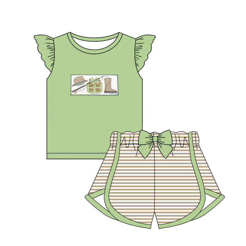preorder GSSO1689 Hunting Fishing Green Flutter Sleeve Striped Bow Shorts Girls Set