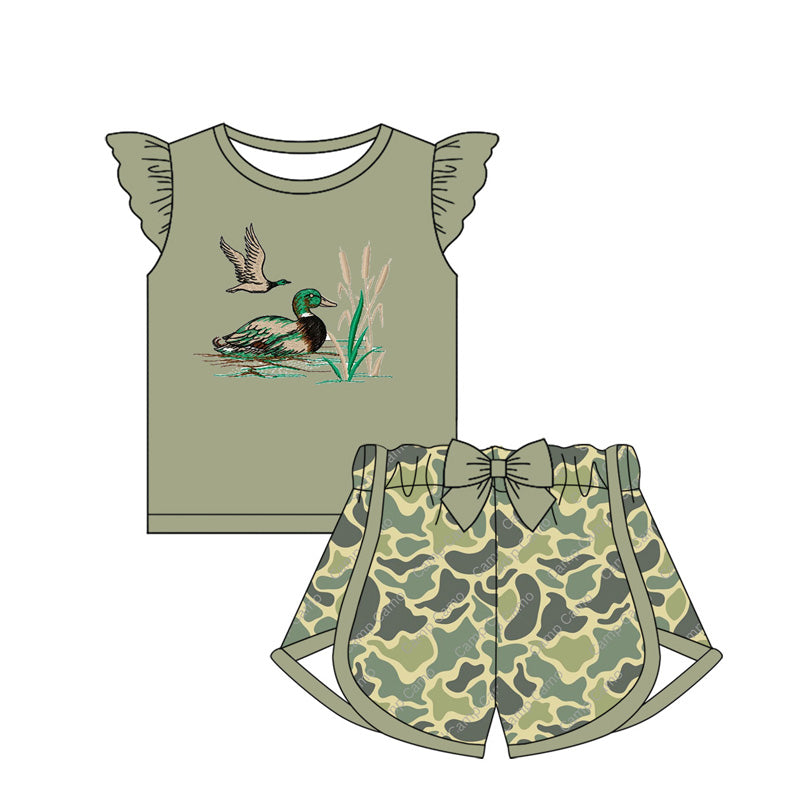 preorder GSSO1690 Hunting Camo Mallard Duck Green Flutter Sleeve Camo Shorts Girls Set