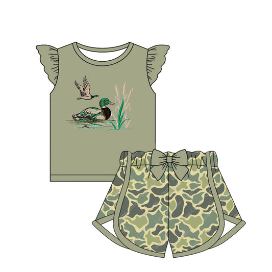 preorder GSSO1690 Hunting Camo Mallard Duck Green Flutter Sleeve Camo Shorts Girls Set