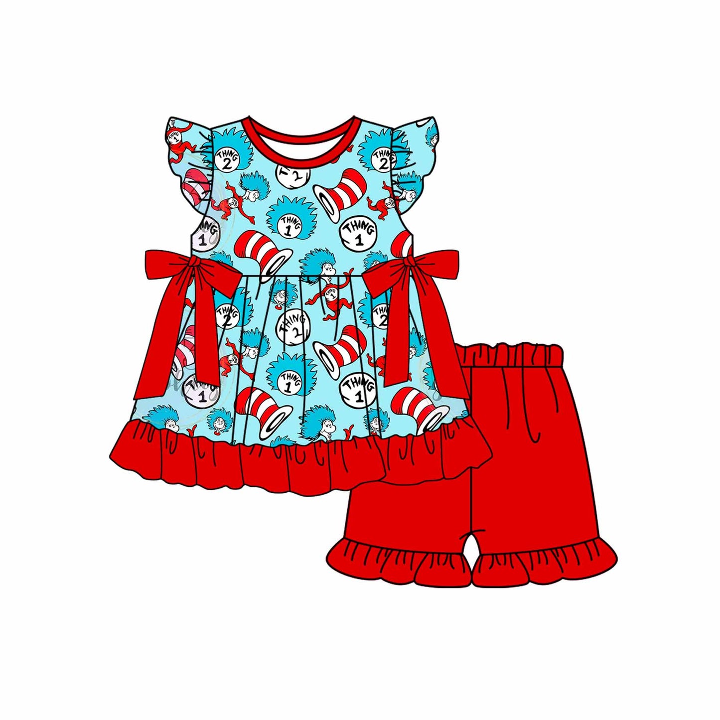preorder GSSO1693 Here Comes Bows Blue Flutter Sleeve Red Shorts Girls Set