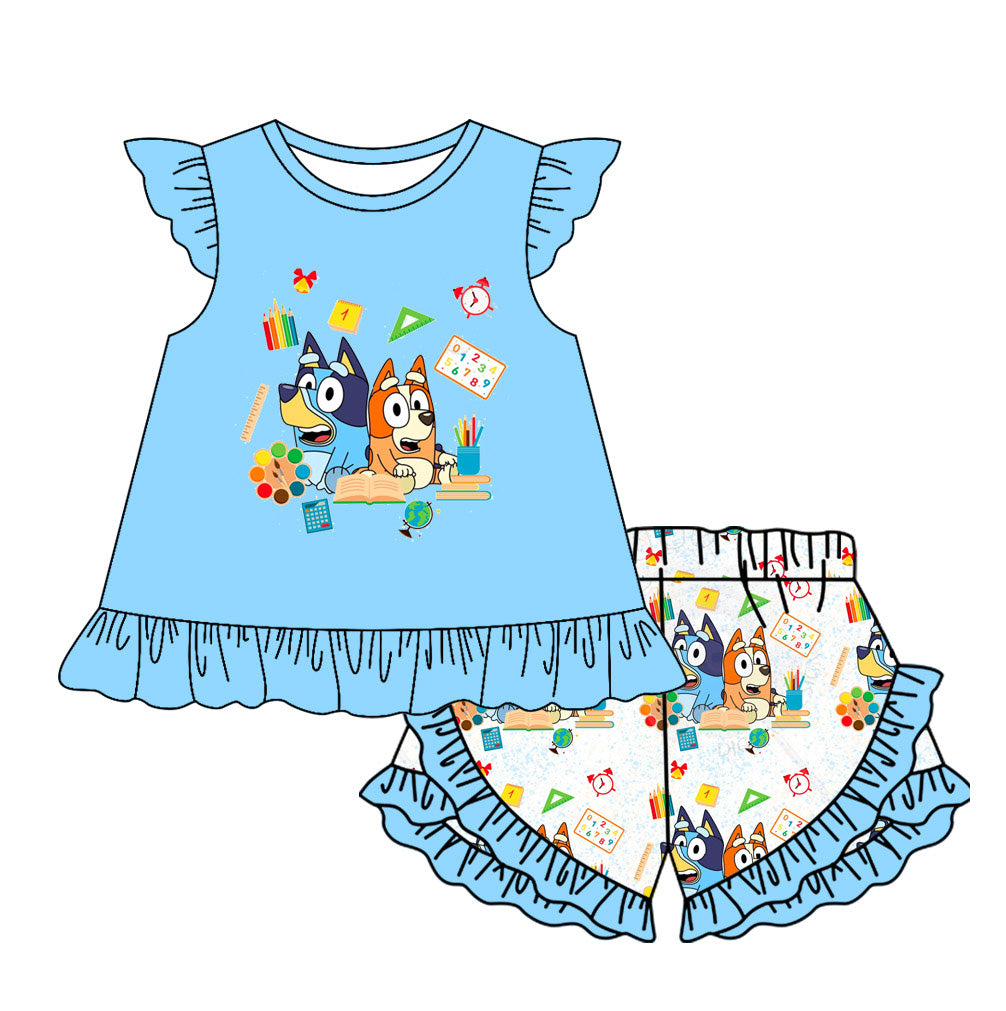 preorder GSSO1696 Back To School Cartoon Blue Dog Blue Flutter Sleeve Shorts Girls Set