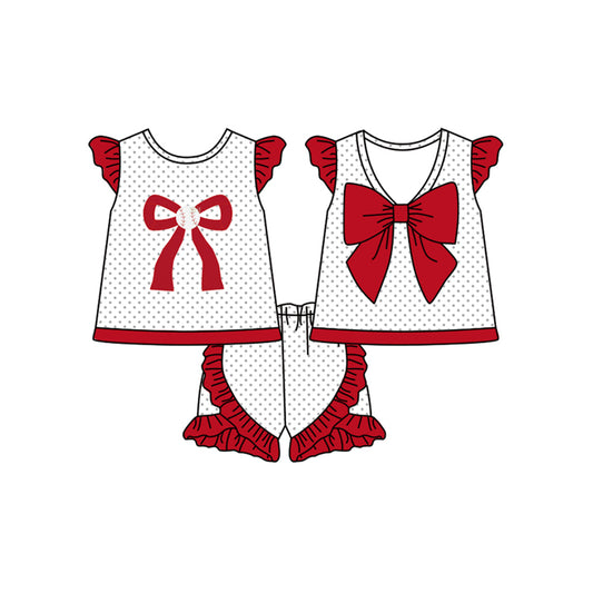 preorder GSSO1698 Baseball Red Bow Flutter Sleeve Dot Ruffles Shorts Girls Set