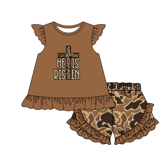 preorder GSSO1699 Easter Camo Cross He Is Risen Brown Flutter Sleeve Camo Shorts GIrls Set