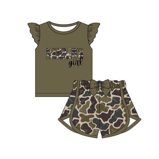 preorder GSSO1715 MAMA'S Girl Brown Flutter Sleeve Hunting Camo Shorts Girls Set